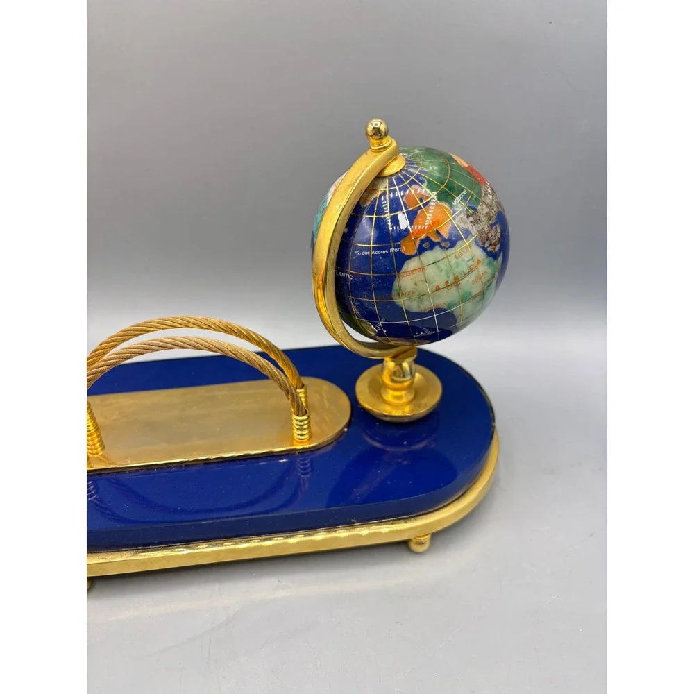 Vtg‎ Desktop Globe Pen Holder Ornate Brass Base Lapis Lazuli Organizer Decor